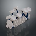 White Mechanical Components With Blue Details Arranged In Row On Dark Reflective Surface
