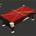 Classic Wooden Billiard Table With Red Felt Surface Colored Balls And Cue Stick