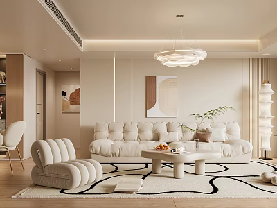 Modern Living Room Interior With Beige Sofa Coffee Table Area Rug And Pendant Light 3d model