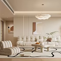 Modern Living Room Interior With Beige Sofa Coffee Table Area Rug And Pendant Light
