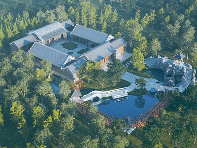 Traditional Chinese Ancient Architecture Surrounded By Lush Trees With Courtyard Pond And Stone Bridge 3d model