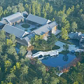 Traditional Chinese Ancient Architecture Surrounded By Lush Trees With Courtyard Pond And Stone Bridge