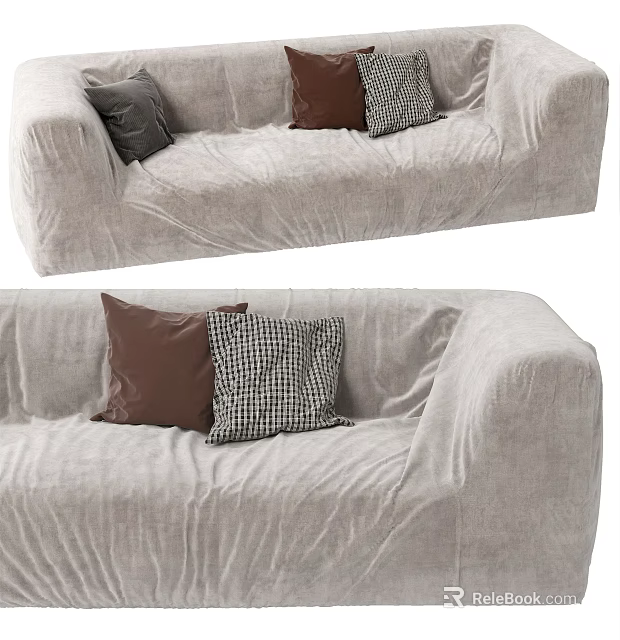 Multi Seater Sofa With Light Colored Cover And Dark Gray Brown Checkered Cushions 3d model