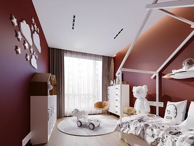 Cozy Kids Room Interior With Red Walls White Furniture Tent Shaped Bed And Toys 3d model