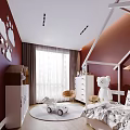 Cozy Kids Room Interior With Red Walls White Furniture Tent Shaped Bed And Toys