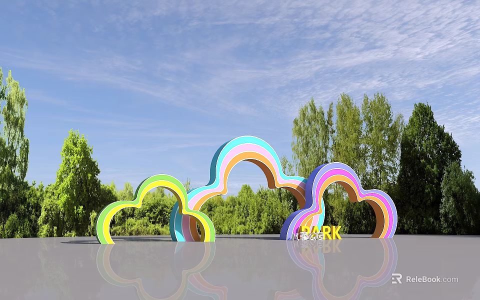 Rainbow Colored Arches Against Blue Sky With Green Trees And MARK Text With Reflections 3d model 