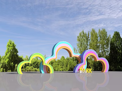 Rainbow Colored Arches Against Blue Sky With Green Trees And MARK Text With Reflections 3d model