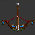 Fantasy Wooden Bow Weapon With Red String Green Leaves Blue Gems And Silver Arrow