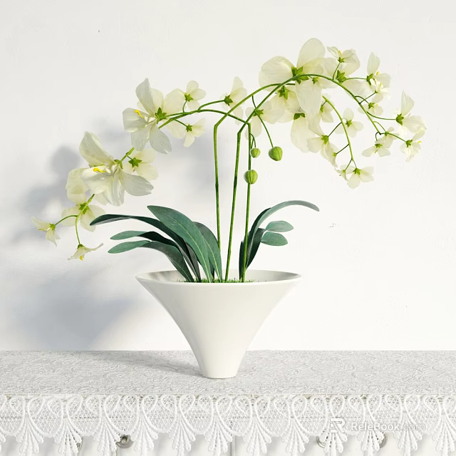 White Potted Plant With White Flowers And Green Leaves In Cone Shaped Pot 3d model 