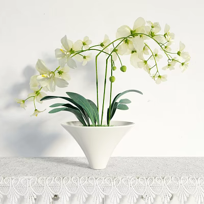White Potted Plant With White Flowers And Green Leaves In Cone Shaped Pot 3d model