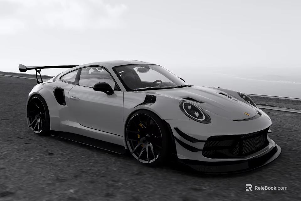Silver Porsche Sports Car Widebody Design Black Wheels Sporty Spoiler On Coastal Road Sky Ocean 3d model 