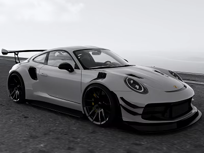 Silver Porsche Sports Car Widebody Design Black Wheels Sporty Spoiler On Coastal Road Sky Ocean 3d model