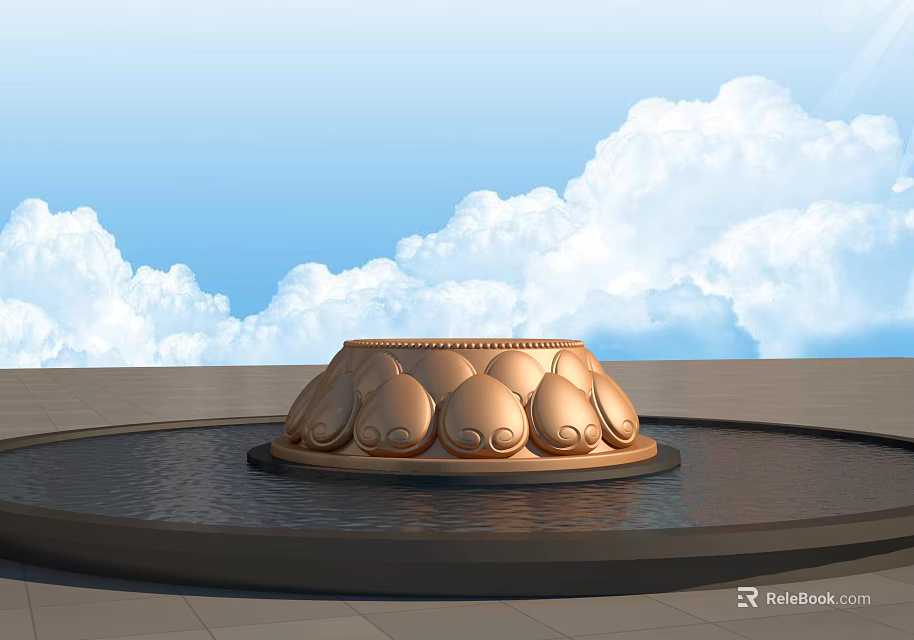 Golden Lotus Petal Shaped Sculpture In Circular Water Pool With Blue Sky And White Clouds 3d model 