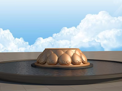 Golden Lotus Petal Shaped Sculpture In Circular Water Pool With Blue Sky And White Clouds 3d model