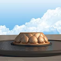 Golden Lotus Petal Shaped Sculpture In Circular Water Pool With Blue Sky And White Clouds