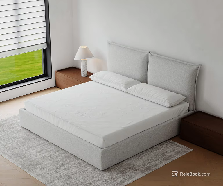 Modern Double Bed With Upholstered Headboard White Mattress Nightstand Table Lamp And Window Rug 3d model 