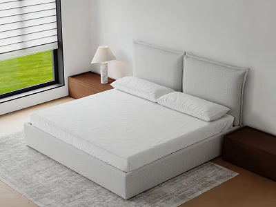 Modern Double Bed With Upholstered Headboard White Mattress Nightstand Table Lamp And Window Rug 3d model