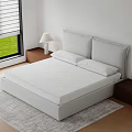 Modern Double Bed With Upholstered Headboard White Mattress Nightstand Table Lamp And Window Rug
