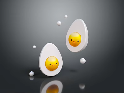 Cute Yellow Chicks in Broken Egg Shells with White Balls on Dark Background 3d model