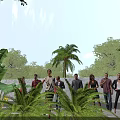 Group of People Standing Outdoors With Green Plants Palm Trees And Blue Sky