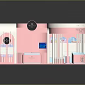 Pink Interior Display Model With Curved Counter And White Decorative Shelves