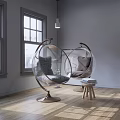 Transparent Hanging Chair With Gray Cushions Bright Indoor Wooden Floor Windows Natural Light