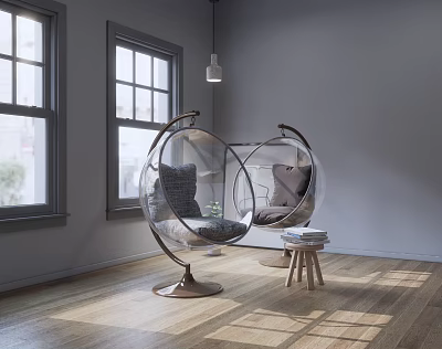 Transparent Hanging Chair With Gray Cushions Bright Indoor Wooden Floor Windows Natural Light 3d model