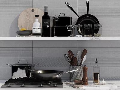 Stainless Steel Pots Pans And Kitchen Utensils On Shelf With Wooden Cutting Board Glass Jars 3d model