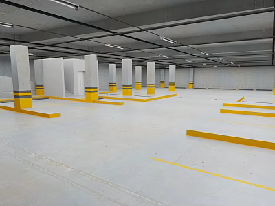 Spacious Parking Lot Interior With White Pillars Yellow Bases And Ceiling Lights 3d model