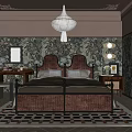 Elegant Vintage Bedroom With Double Bed Floral Wallpaper Chandelier And Geometric Area Rug