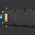 Blue Three Wheeler Motorcycle With Black Roof Yellow Light Red Wheels And Rear Railings