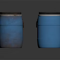 Blue Rusty And Cleaner Barrels As Household Items With Metal Handles And Black Lids