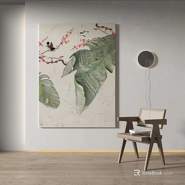 Botanical Painting With Large Green Leaves And Birds For Living Room Wall Decor 3d model 