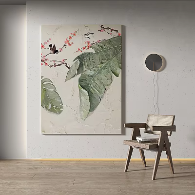 Botanical Painting With Large Green Leaves And Birds For Living Room Wall Decor 3d model