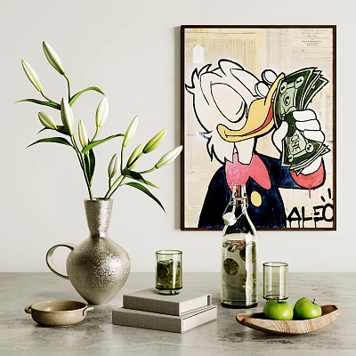 Modern Decorative Ornament Set With Vase White Flowers Art Painting Bottle Limes And Glass Cups 3d model