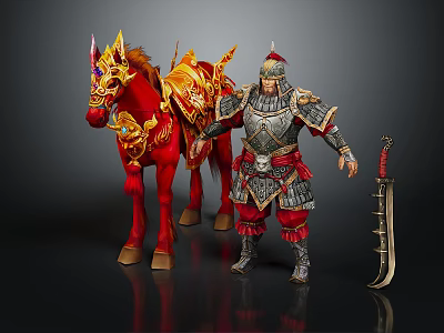 Armored Warrior With Ornate Red Horse And Golden Decorations And Sword 3d model