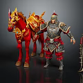 Armored Warrior With Ornate Red Horse And Golden Decorations And Sword