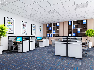 Public Office Area Layout With Cubicles Computers Bookshelves Plants And Decorative Paintings 3d model