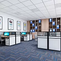 Public Office Area Layout With Cubicles Computers Bookshelves Plants And Decorative Paintings