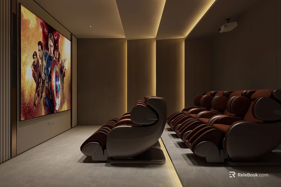 Luxurious Home Theater Room With Modern Design Large Projection Screen And Comfortable Leather Seats 3d model 