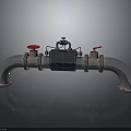 Industrial Silver Metal Pipes Fixture With Red Valves And Black Central Component