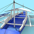 Seagull Perched On Blue And White Boat With Wooden Deck And Netting