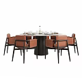 Stylish Round Marble Tabletop Table And Chair Set With Brown Chairs Plates And Glasses