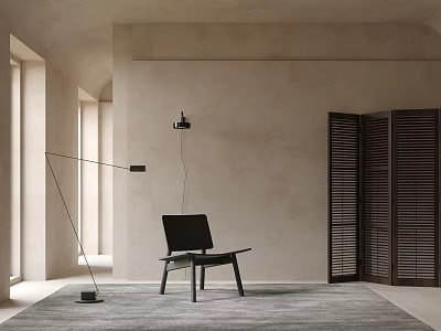 Modern Leisure Chair In Minimalist Interior With Floor Lamp And Wooden Shutters 3d model