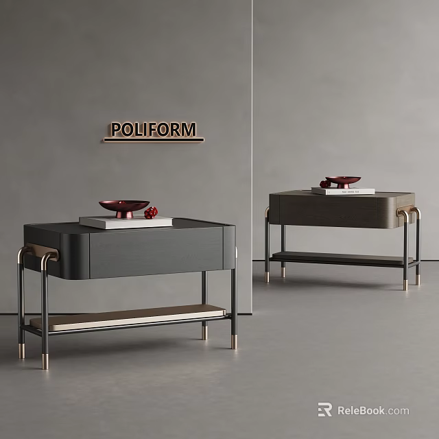 Poliform Modern Black And Grey Bedside Tables With Metal Frame Decorative Items And Books 3d model 