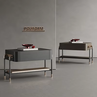 Poliform Modern Black And Grey Bedside Tables With Metal Frame Decorative Items And Books 3d model
