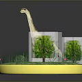 Dinosaur Model On Circular Display Base With Grassland Small Trees And Red Flowers