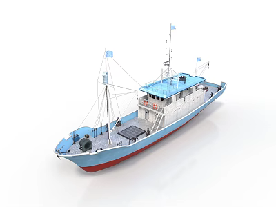 Blue And White Fishing Boat With Masts Antennas And Red Bottom Hull 3d model