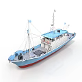 Blue And White Fishing Boat With Masts Antennas And Red Bottom Hull
