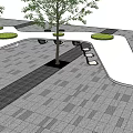 Modern Outdoor Table Setup With Trees Winding Paths And Green Circular Areas On Stone Pavement